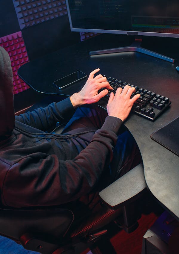 A person in a hoodie typing on a keyboard

Description automatically generated