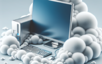 A computer and keyboard surrounded by white balls Description automatically generated